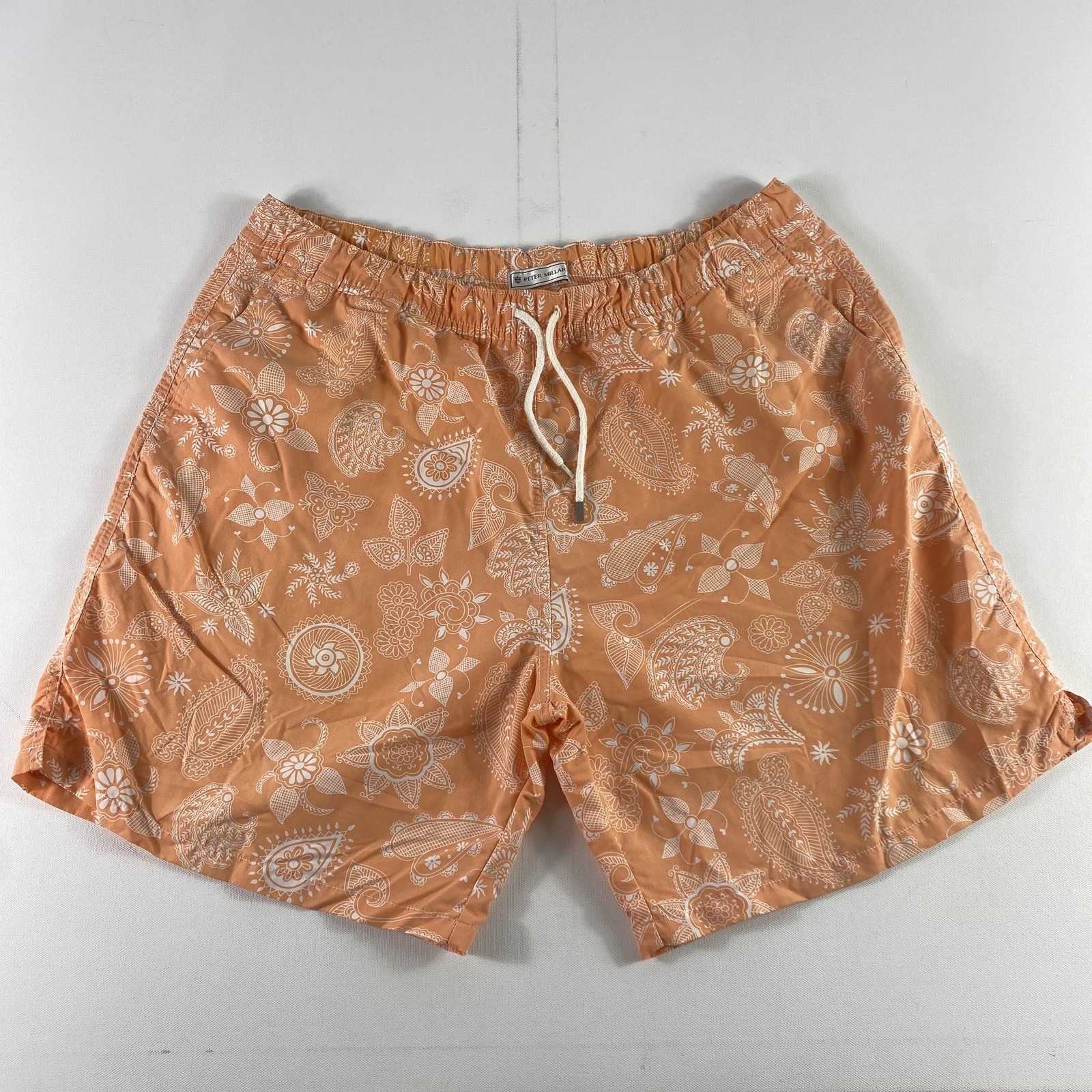 Peter Millar Swim Shorts Mens Xl Orange White Floral Paisley Board Trunks Beach